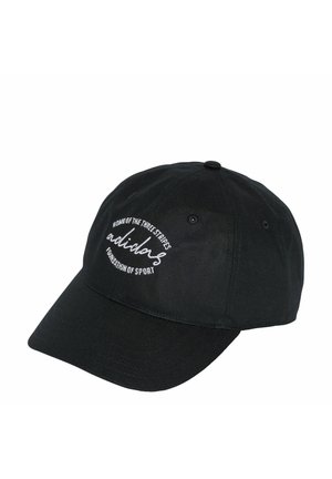 Zwarte katoenen baseballcap met een gebogen klep, geborduurde tekst aan de voorkant en een knop bovenop. Ontworpen voor casual gebruik.