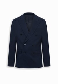 Blazer azul marino de doble fila con solapas con muesca, seis botones negros, dos bolsillos frontales con solapa y un bolsillo de ojal en el pecho.