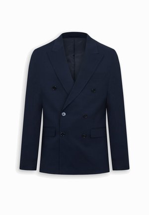 Blazer azul marino de doble fila con solapas con muesca, seis botones negros, dos bolsillos frontales con solapa y un bolsillo de ojal en el pecho.