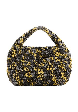 Borsa a mano intrecciata spessa con manici robusti, caratterizzata da strisce di tessuto nere, grigie e gialle intrecciate in un motivo strutturato.