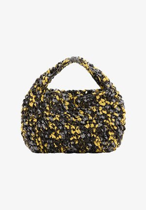 Borsa a mano intrecciata spessa con manici robusti, caratterizzata da strisce di tessuto nere, grigie e gialle intrecciate in un motivo strutturato.