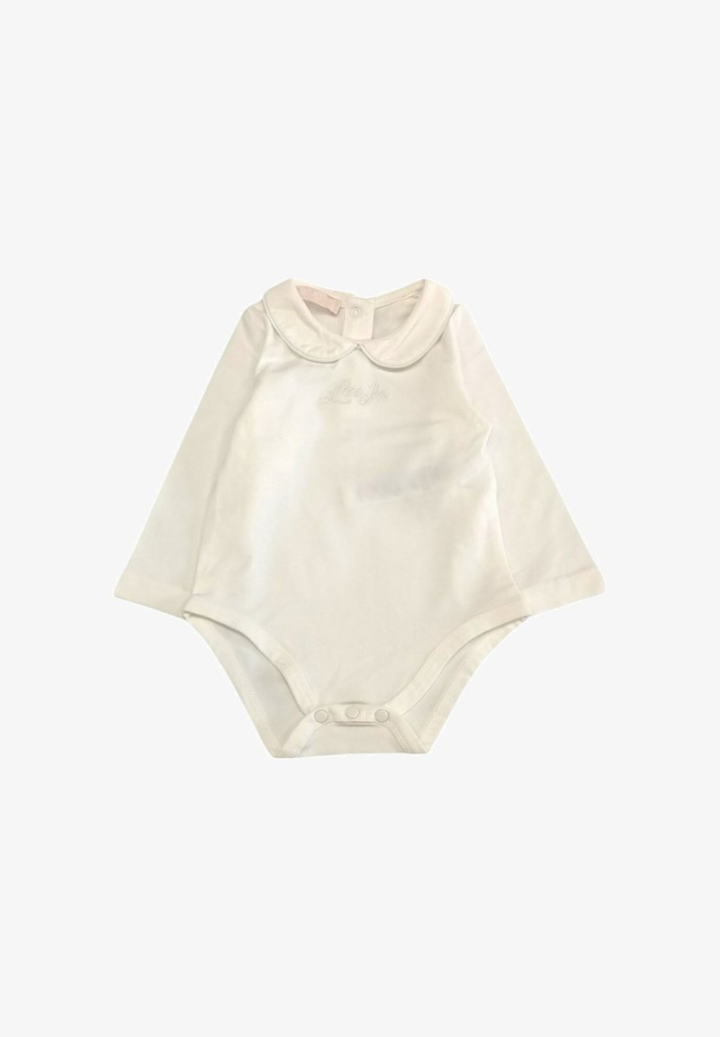 Body a maniche lunghe bianco con colletto arrotondato, chiusure a pressione nella parte inferiore e testo ricamato sul petto. Realizzato in tessuto morbido.