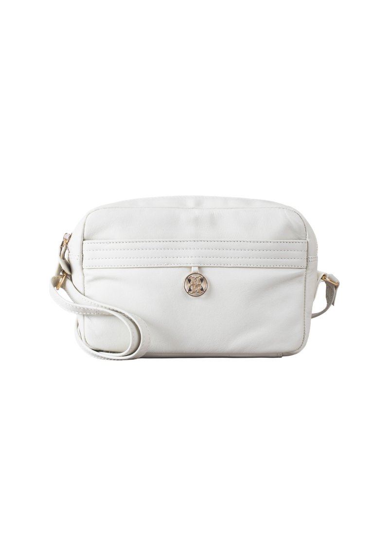 White leather crossbody bag with a smooth texture, zippered top, front pocket with stitching details, and a gold-tone emblem.