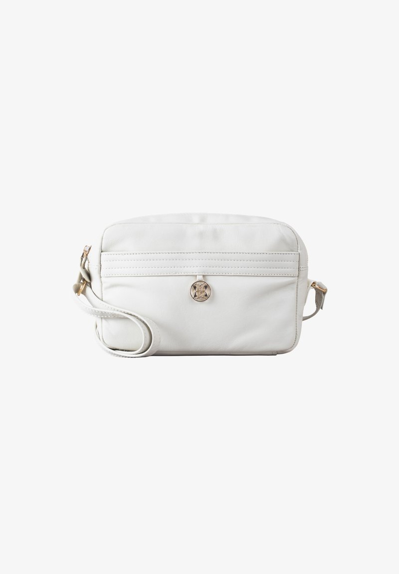 White leather crossbody bag with a smooth texture, zippered top, front pocket with stitching details, and a gold-tone emblem.