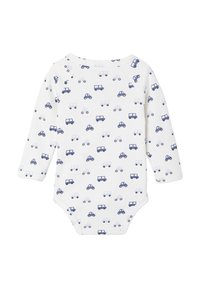 Weißer Langarm-Bodysuit mit einem Muster kleiner blauer Autos. Aus weichem Baumwollmaterial, mit rundem Halsausschnitt und Druckknöpfen am unteren Ende.