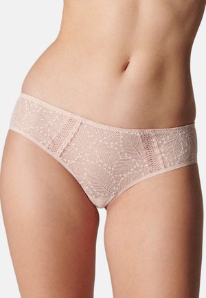 Kantenzakje in lichtroze, met een bloemenpatroon, zachte textuur en elastische tailleband. Een naadloos ontwerp biedt comfort en een soepele pasvorm.