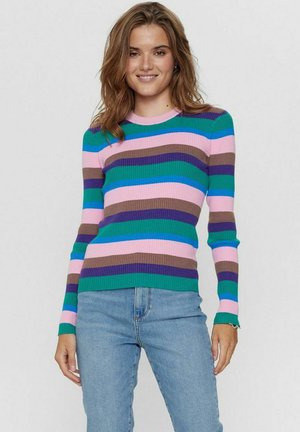 Maglione a righe con coste, caratterizzato da bande verticali in verde, blu, rosa, marrone e viola. Maniche lunghe e scollatura rotonda.