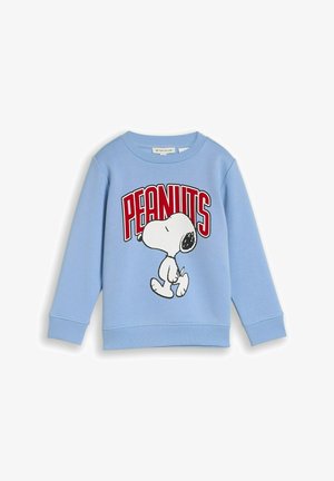 Jasnoniebieska bluza z długim rękawem z grafiką Snoopy oraz czerwonym tekstem "PEANUTS" na klatce piersiowej. Ściągacze na mankietach i dole.