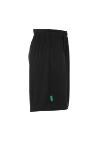 Sorte atletiske shorts med elastisk talje, lavet af letvægtsstof. Omfatter et lille grønt mærke på siden.