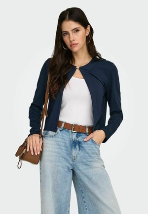 Moteris su ilgais tamsiais plaukais, vilkinti tamsiai mėlyną švarką per baltą viršutinę dalį, šviesiai mėlynas džinsus su rudu diržu, didelėmis lankinėmis auskarais ir ruda pečių rankine.