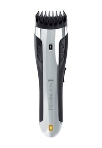 Remington hårklipper med et sølv- og sort design. Udstyret med et struktureret håndtag, justerbar længdeindstilling og en LED-indikatorlampe.