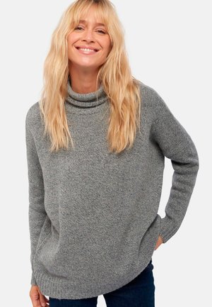 Cowl-Neck, übergroßer grauer Pullover aus strukturiertem Strickstoff. Hat lange Ärmel und ein lässiges Design.