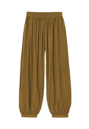 Pantalon marron ample avec taille élastique et poignets boutonnés aux chevilles, en tissu texturé.