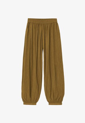 Pantalon marron ample avec taille élastique et poignets boutonnés aux chevilles, en tissu texturé.