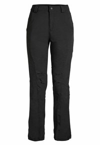 Black straight-leg pants with front pockets, knee seam detailing, belt loops, and button closure at the waist.
