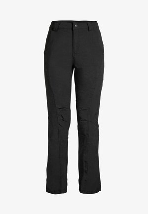 Mustat suorat housut, joissa on etutaskut, polvikohtaiset saumat, vyölenkit ja nappikiinnitys vyötäröllä.