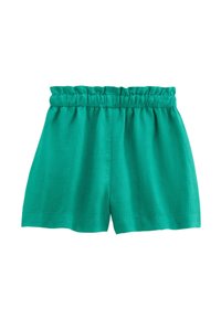 Shorts en lin vert avec une taille élastiquée froncée, présentant une coupe ample et un ourlet net. Design simple sans accents supplémentaires.