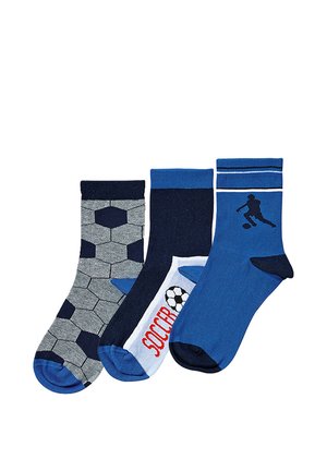 Three pairs of children's socks in blue and gray; one with soccer ball pattern, one with "SOCCER" text and ball, and one with soccer player silhouette.