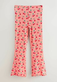 Roza pajkice iz rebrastega blaga, z vzorcem češenj v rdeči barvi z zelenimi listi. Robovi imajo valovit zaključek in majhen mavrični poudarek.