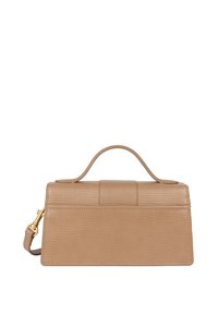 Borsa marrone con texture, forma strutturata, manico superiore, tracolla rimovibile e dettagli in metallo dorato.