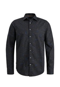 Chemise homme sombre à manches longues avec petit motif circulaire et géométrique bleu et gris, devant boutonné et col classique.