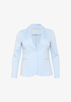 Blazer bleu clair avec un col cranté, deux poches avant et une silhouette ajustée. Fabriqué en tissu lisse et extensible.