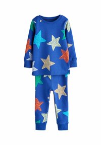 Zweiteiliges Pyjama-Set aus blauer Baumwolle mit bunten Sternmustern in Orange, Grün, Türkis und Gelb. Mit langen Ärmeln und elastischen Bündchen.