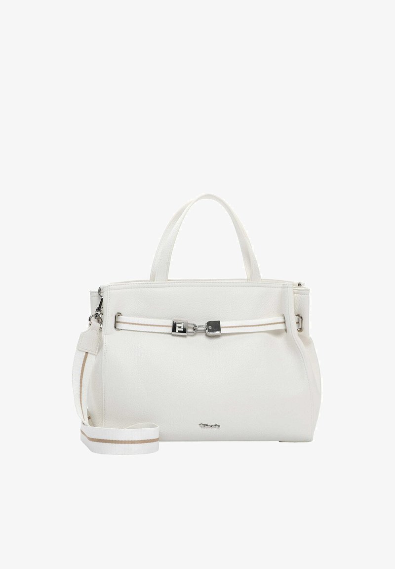 Sac à main en cuir blanc avec double poignée, bandoulière blanche amovible à rayure beige et détail de fermoir argenté à l'avant.