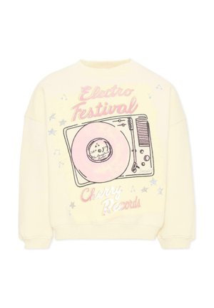Felpa crema con grafica del giradischi rosa e testo rosa con la scritta Electro Festival Cherry Records, decorata con stelle d'argento e note musicali.
