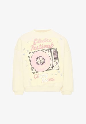 Felpa crema con grafica del giradischi rosa e testo rosa con la scritta Electro Festival Cherry Records, decorata con stelle d'argento e note musicali.