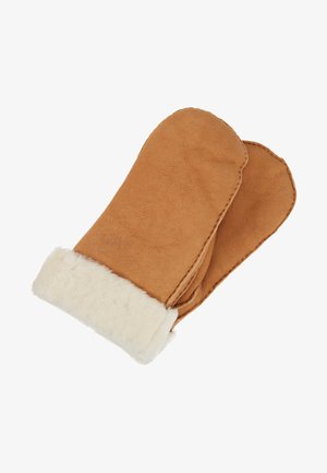 Tan suede mittens with a white faux fur cuff. Soft texture, rounded shape, and stitched detailing along the edges.