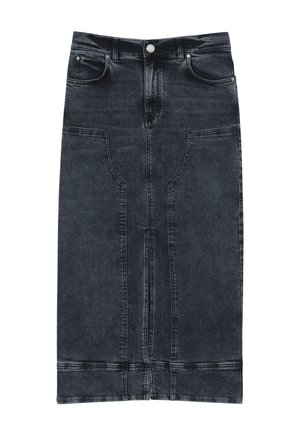 Jupe crayon en denim gris foncé avec une silhouette ajustée, dotée de deux poches avant, d'une couture avant et d'un ourlet uni. Le matériau est légèrement texturé.