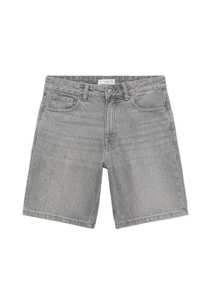 Gray denim shorts with a straight cut, five pockets, button closure, and minimal fading, showcasing a classic, casual design.