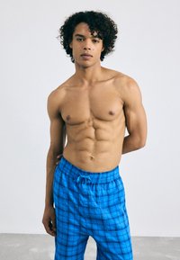 Blauwe geruite shorts met een elastische tailleband en een trekkoord. De stof lijkt lichtgewicht en glad met een ruitpatroon.