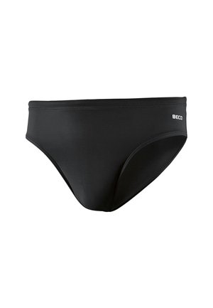 Schwarze Herren-Badehose mit BECO-Logo auf der rechten Seite, aus glattem Stoff mit eingenähten Kanten.