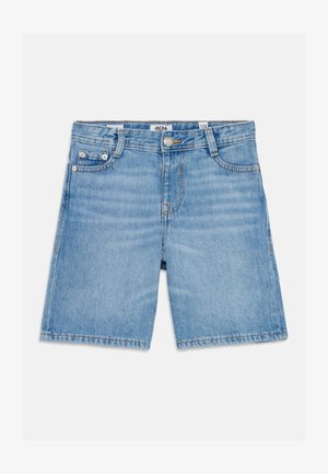 Svetlo modri denim kratke hlače s ravnim krojem, zasnovo s petimi žepi in našitimi robovi. Imajo kovinsko gumb in zadrgo na sprednji strani.