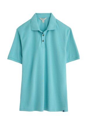 Türkise Polo-Shirt aus Baumwolle, mit klassischem Kragen, dreiknöpfiger Knopfleiste und kurzen Ärmeln. Glatte Textur, lässiges Design.