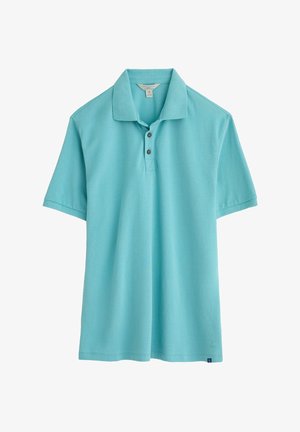 Türkise Polo-Shirt aus Baumwolle, mit klassischem Kragen, dreiknöpfiger Knopfleiste und kurzen Ärmeln. Glatte Textur, lässiges Design.