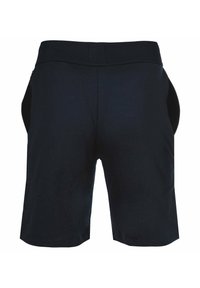 Zwarte sportshorts met een gladde textuur, elastische tailleband en zijzakken. Eenvoudig ontwerp, knielang zonder zichtbare patronen.