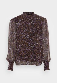 Durchsichtige, schwarze Bluse mit hohem Kragen, die ein florales Muster in Lila, Weiß und Braun aufweist. Lange Ärmel mit gerafften Manschetten.