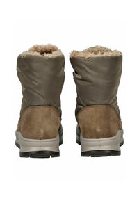 Botas marrones aisladas con un suave forro de piel sintética color beige, que cuentan con una parte superior de tela duradera y una suela de goma para mayor tracción.