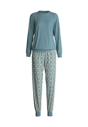 Lichtblauwe lange mouwtop met een ronde hals; gestreepte, elastische taillebroek in een blauw en off-white bloemenpatroon. Zachte stof, relaxed fit.