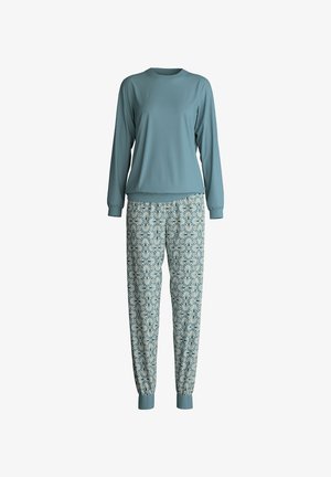 Light blue long-sleeve top with a round neckline; patterned, elastic-waist pants in blue and off-white floral design. Soft fabric, relaxed fit.