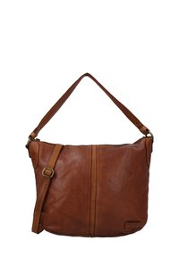 Brun læder crossbody taske med en glat tekstur, der har et lynlåset hovedrum, justerbar rem og syet detaljering.