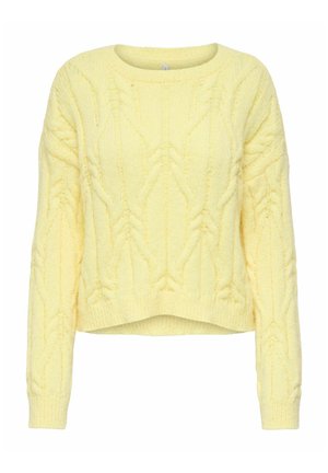 Pull en tricot jaune avec un motif en câble, dotée d'un col rond et de manches longues, au design court et à la finition texturée.