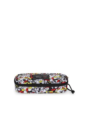 Trousse rectangulaire zippée avec imprimé Mickey Mouse style bande dessinée en noir, blanc, rouge et jaune avec un cordon noir sur la fermeture éclair.