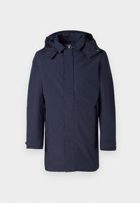 Cappotto invernale lungo di colore blu navy con cappuccio, zip frontale coperta da una patta antivento e polsini regolabili sulle maniche.