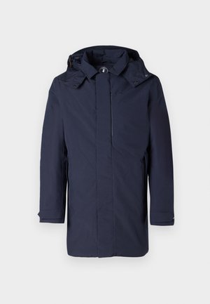 Marineblauer langer Wintermantel mit Kapuze, durch einen Sturmblende verdeckter Frontreißverschluss und verstellbaren Bündchen an den Ärmeln.