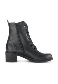 Bottines en cuir noir avec un bout arrondi, dotées d'une fermeture éclair latérale, de lacets à l'avant et d'un talon épais pour un soutien supplémentaire. Semelle en caoutchouc texturé.
