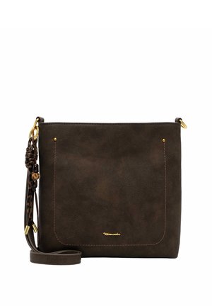 Mørkebrun læder crossbody taske med en slank rem, guldfarvet hardware og et lille guld mærke-logo foran i midten nederst.